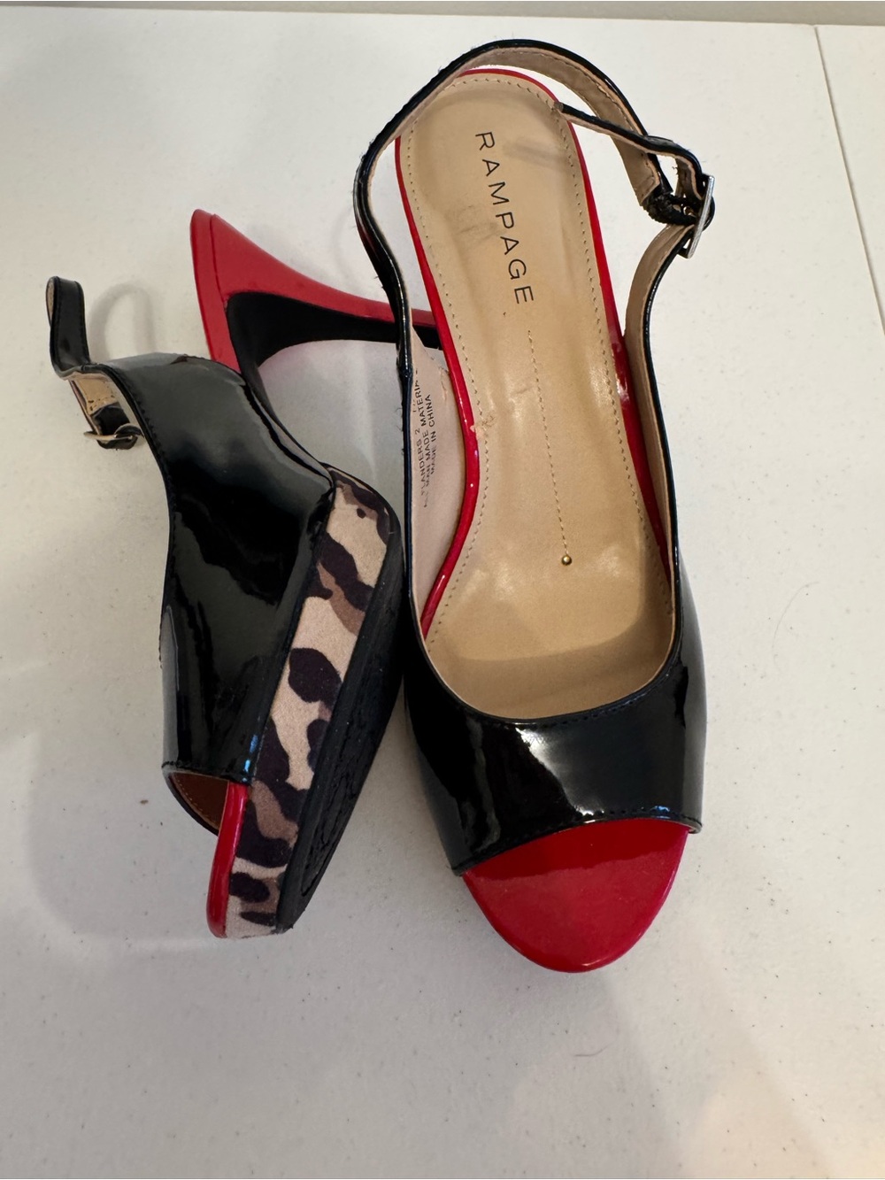 Rampage Black Patent Peep-Toe Slingbacks with Red Accents and Leopard Trim